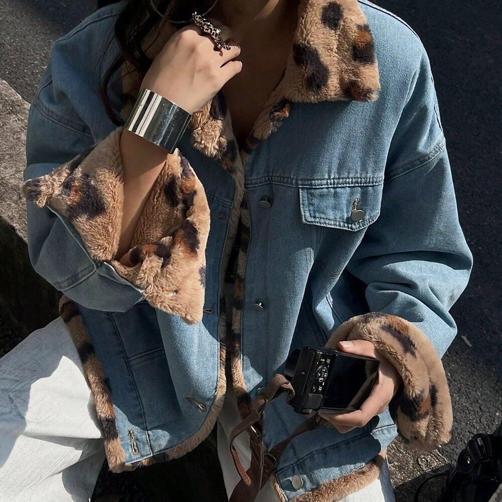 Blue Casual Women's Reversible Leopard Print Denim Jacket - Picture 5 of 6